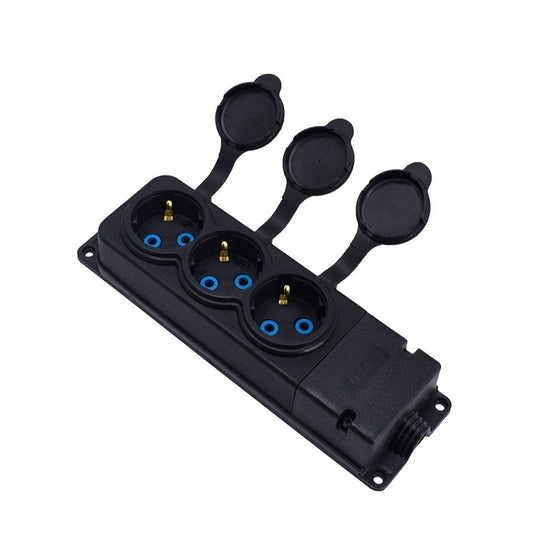 Háromszoros "gumi" fekete aljzat hermetikus IP44 250V, 16A, SCHUKO 2P+Z, 3KMP-F, Bylion fedővel 250V, 16A