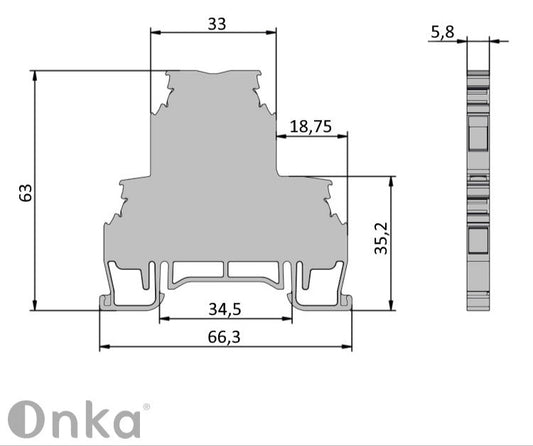 ONKA 2.5mm2, 2 szintes csavaros síncsatlakozó csatlakozó DIN síncsatlakozó négyvezetékes szürke, 1010332