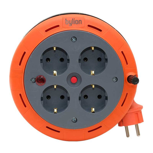 Kompakt kazettás görgős hosszabbítókábel, 5 m-es kábel 4 aljzattal IP20 + hőbiztosíték + gyermekbiztosíték, 3x1mm2, SCHUKO típusú földelés , PHE-05310-F