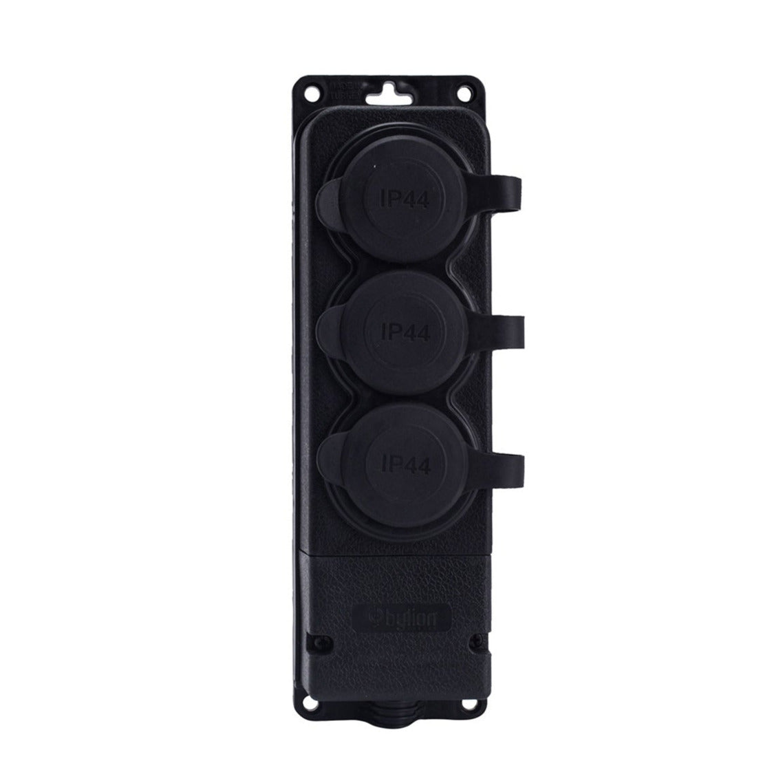 Triple "rubber" black socket hermetic IP44 250V, 16A, SCHUKO 2P+Z, 3KMP-F, Bylion cover 250V, 16A