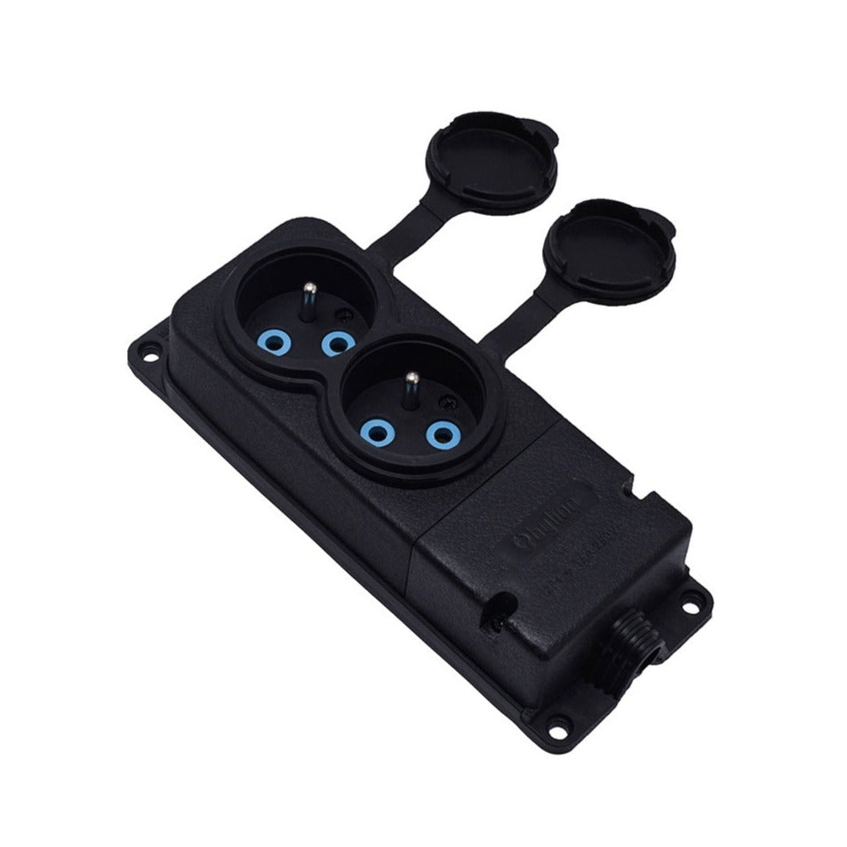Double rubber socket black, hermetic, surface-mounted 250V, 16A, IP44, French E 2P+Z, 2KMP-E, Bylion type