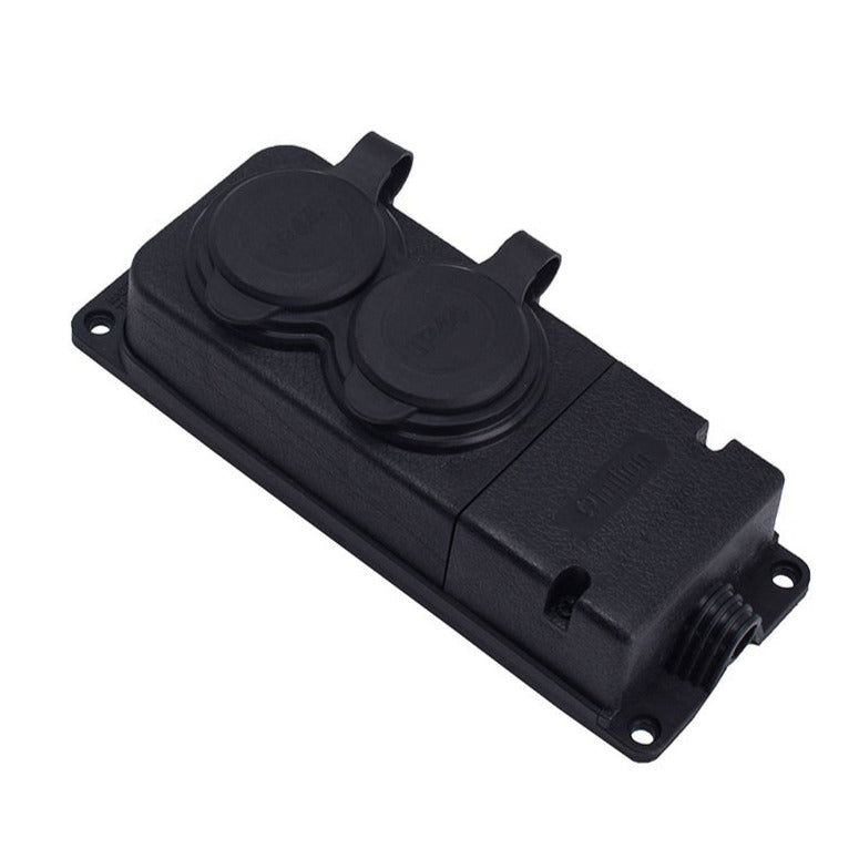 Double rubber socket black, hermetic, surface-mounted 250V, 16A, IP44, French E 2P+Z, 2KMP-E, Bylion type