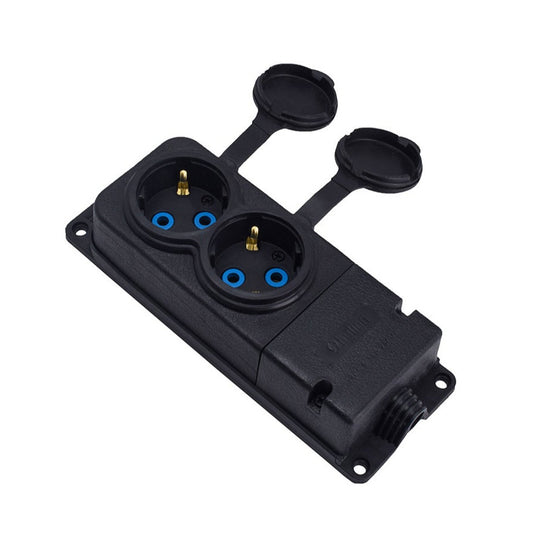 Dupla gumi aljzat fekete, hermetikus, felületre szerelt 250V, 16A, IP44, SCHUKO 2P+Z, 2KMP-F, Bylion