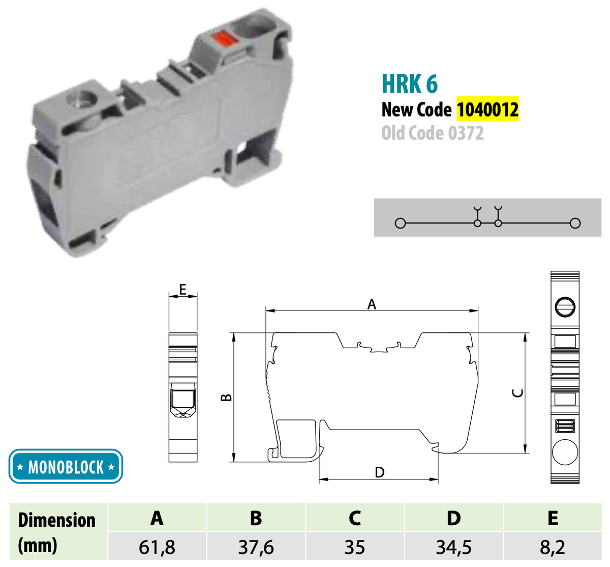 ONKA 6mm2 hibrid csavaros/rugós síncsatlakozó csatlakozó DIN síncsatlakozó 2 vezetékes szürke, 1040012