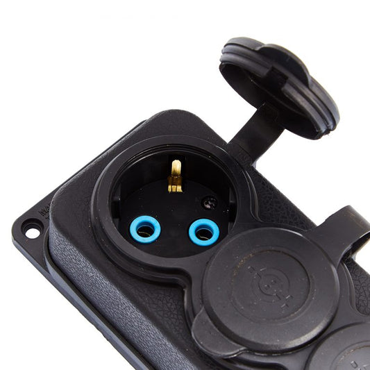 Háromszoros "gumi" fekete aljzat hermetikus IP44 250V, 16A, SCHUKO 2P+Z, 3KMP-F, Bylion fedővel 250V, 16A