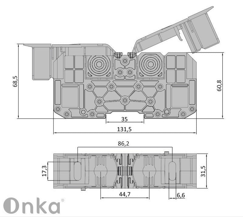 ONKA 70mm2 M8 csavaros síncsatlakozó csatlakozó DIN síncsatlakozó védőburkolattal, kék, 1030048
