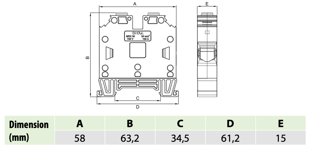 ONKA 35mm2 screw terminal connector DIN rail connector 2-wire blue, 1010085