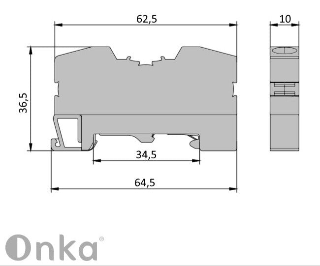 ONKA 10mm2 PE rugós síncsatlakozó csatlakozó DIN síncsatlakozó 2-vezetékes szürke, 1020300