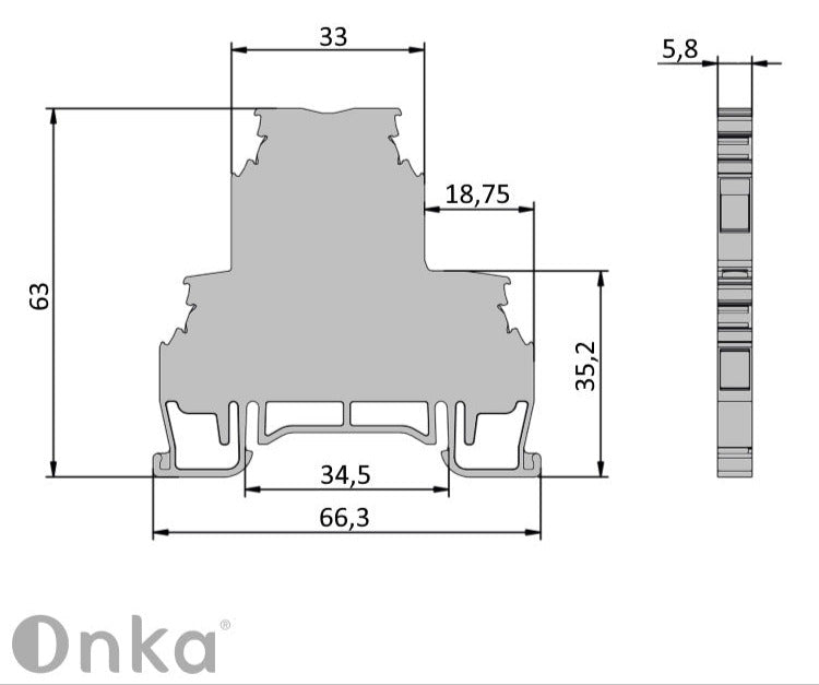 ONKA 2.5mm2, 2 szintes csavaros síncsatlakozó csatlakozó DIN síncsatlakozó négyvezetékes szürke, 1010332