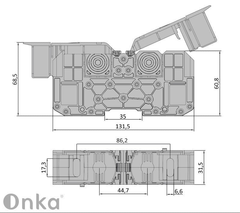 ONKA 70mm2 M8 csavaros síncsatlakozó csatlakozó DIN síncsatlakozó védőburkolattal, szürke, 1030045