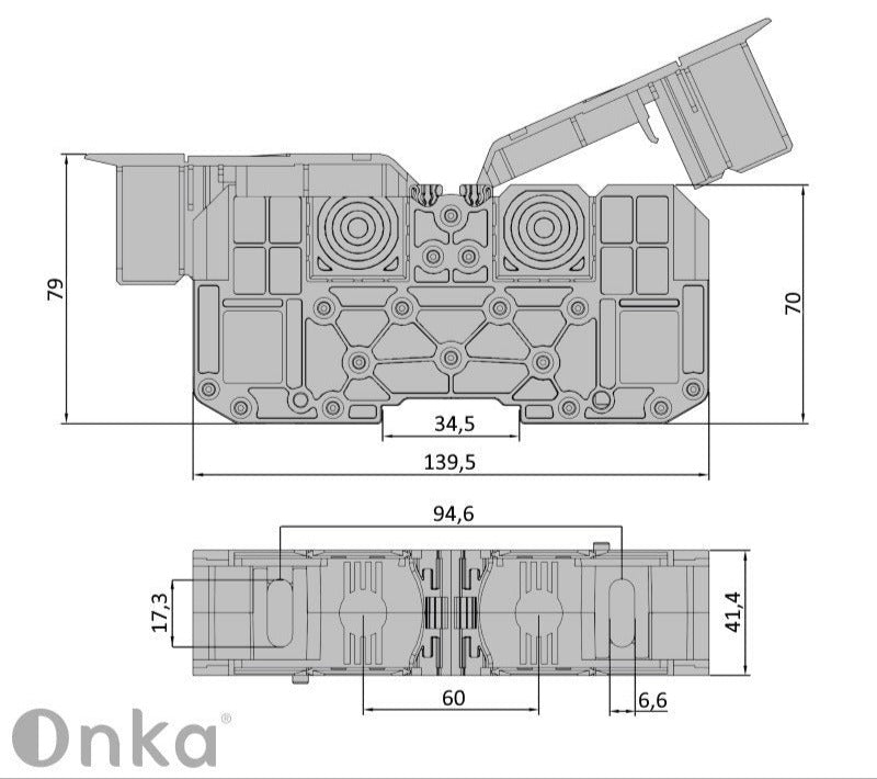 ONKA 120mm2 M10 csavaros síncsatlakozó csatlakozó DIN síncsatlakozó védőburkolattal, szürke, 1030073