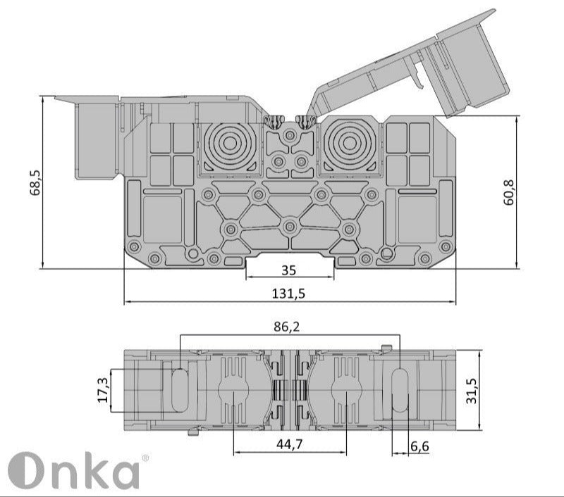 ONKA 95mm2 M8 csavaros síncsatlakozó csatlakozó DIN síncsatlakozó védőburkolattal, szürke, 1030059