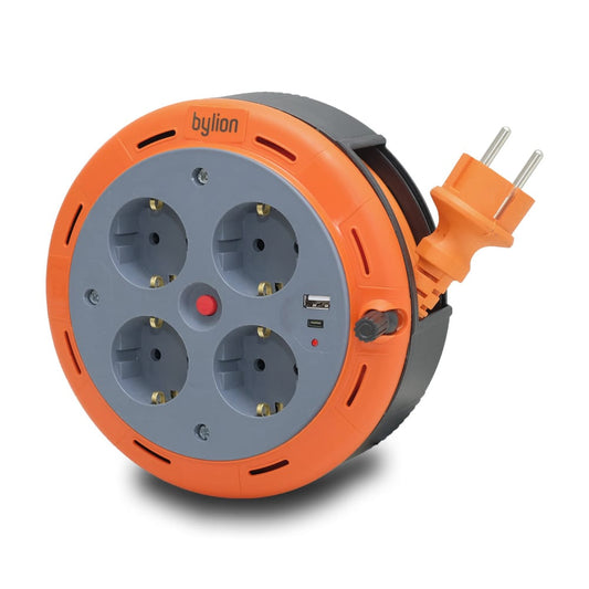 Kompakt hosszabbító kábel, 4 aljzattal IP20 +USB + hőbiztosíték + gyermekbiztosíték, 5m kábel 3x1mm2, francia típusú (pin), PHE-05310-E-USB