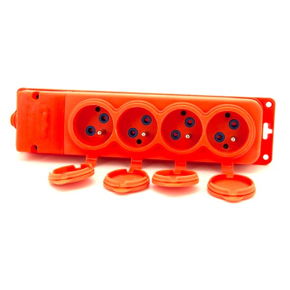 4x rubber socket "rubber" orange, with cover, hermetic IP44 250V, 16A, 2P+Z, French E, 4KMP-E-O, Bylion type